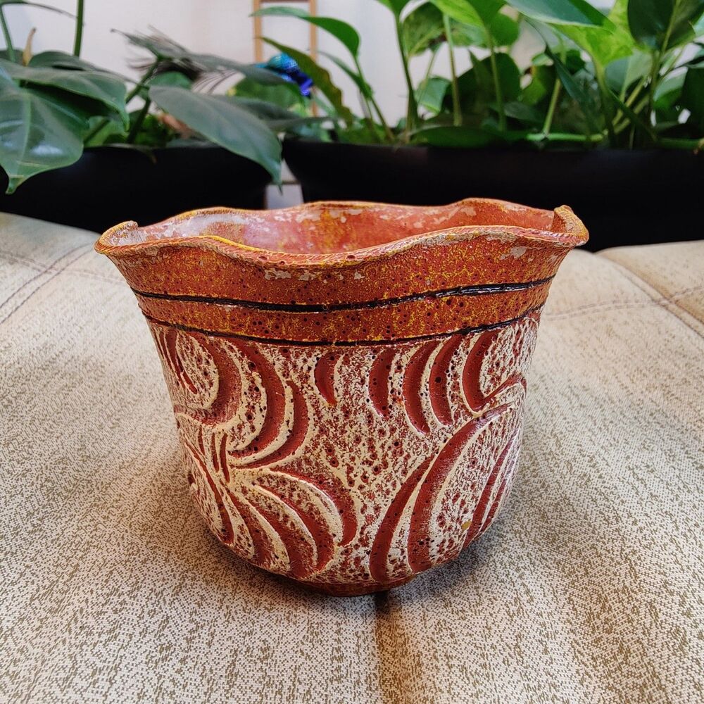VTG MCM Terracotta Orange Textured Lava Glaze Planter Carved Swirl Vase 4"